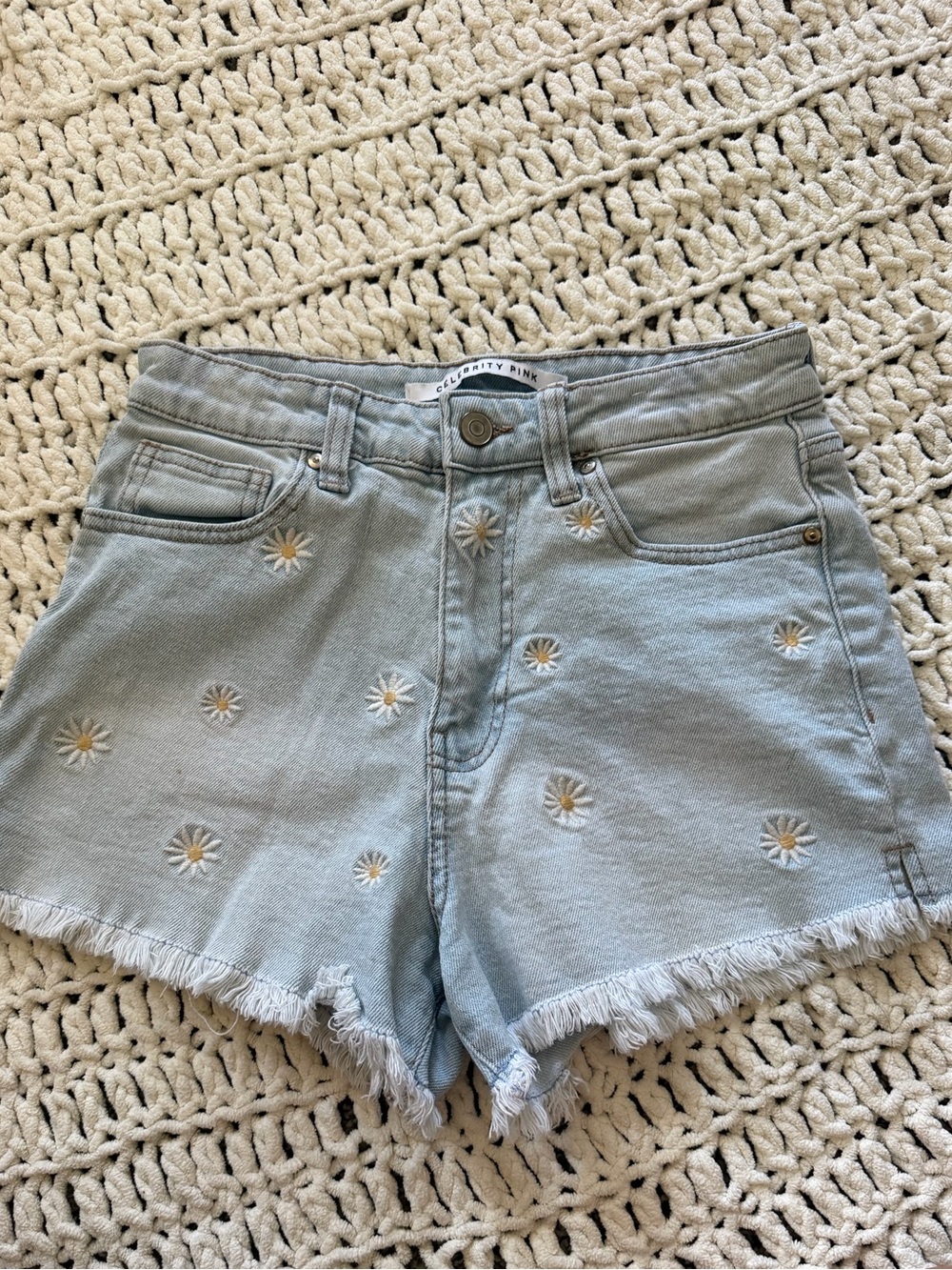Celebrity Pink Light Blue Daisy Embroidered Denim Shorts